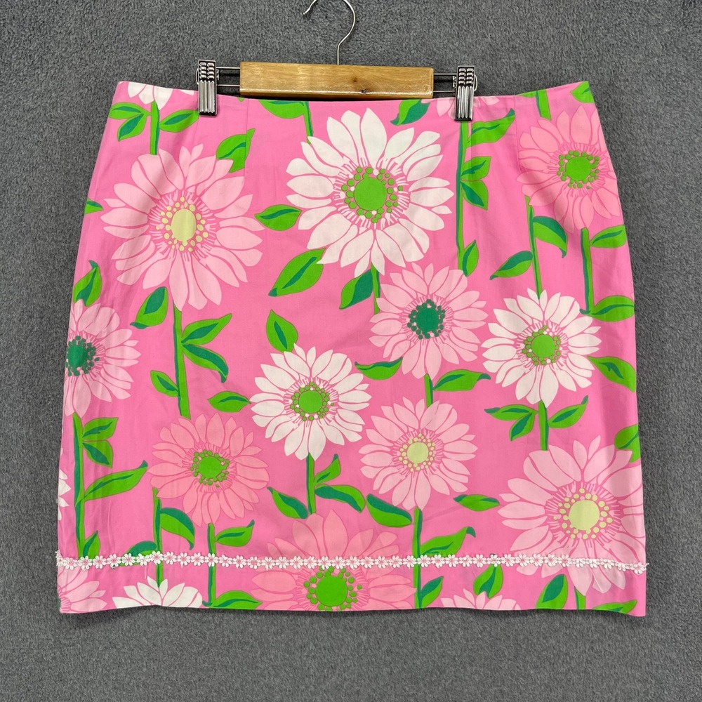 Vintage Lilly Pulitzer Floral Mini Skirt Women 14 Pink Sunflower Daisy Lace Trim